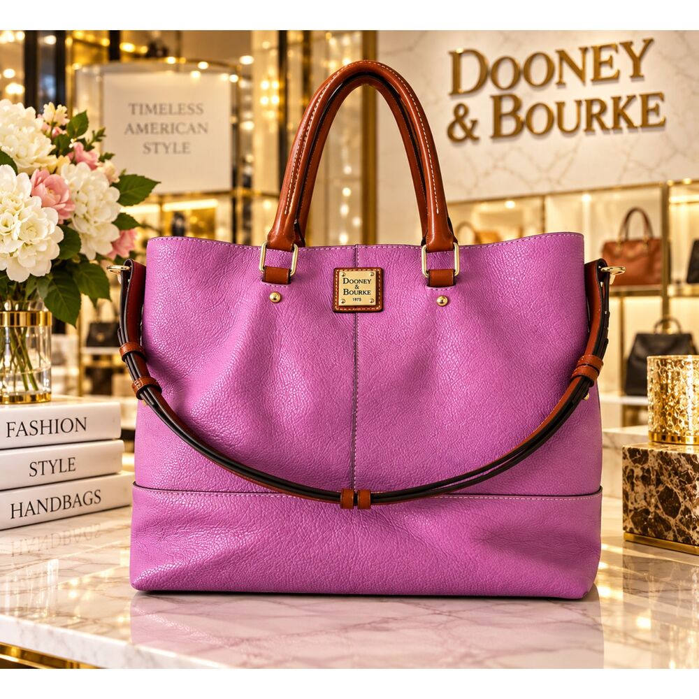 Dooney & Bourke Purple Pebbled Leather Large Tote Shoulder Bag Cognac Trim-EUC